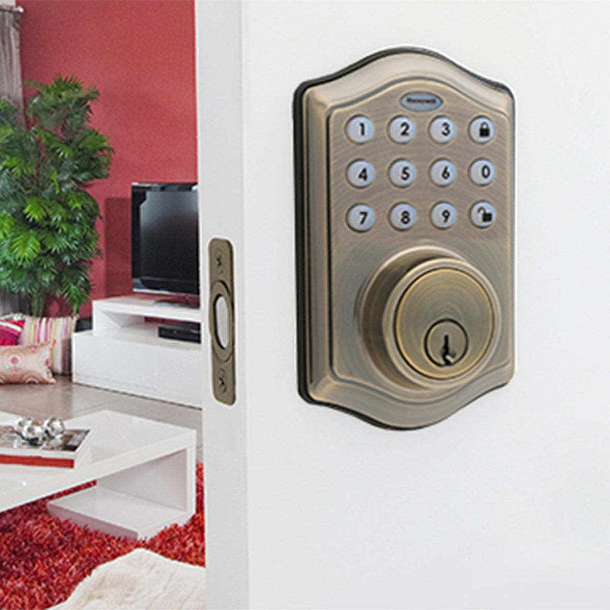 Honeywell 8712109 Electronic Deadbolt Door Lock with Keypad in Antique Brass Installed on Door