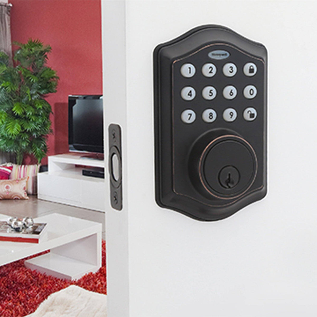 Honeywell 8712409 Electronic Deadbolt Door Lock with Keypad in Oil Rubbed Bronze Installed on Door