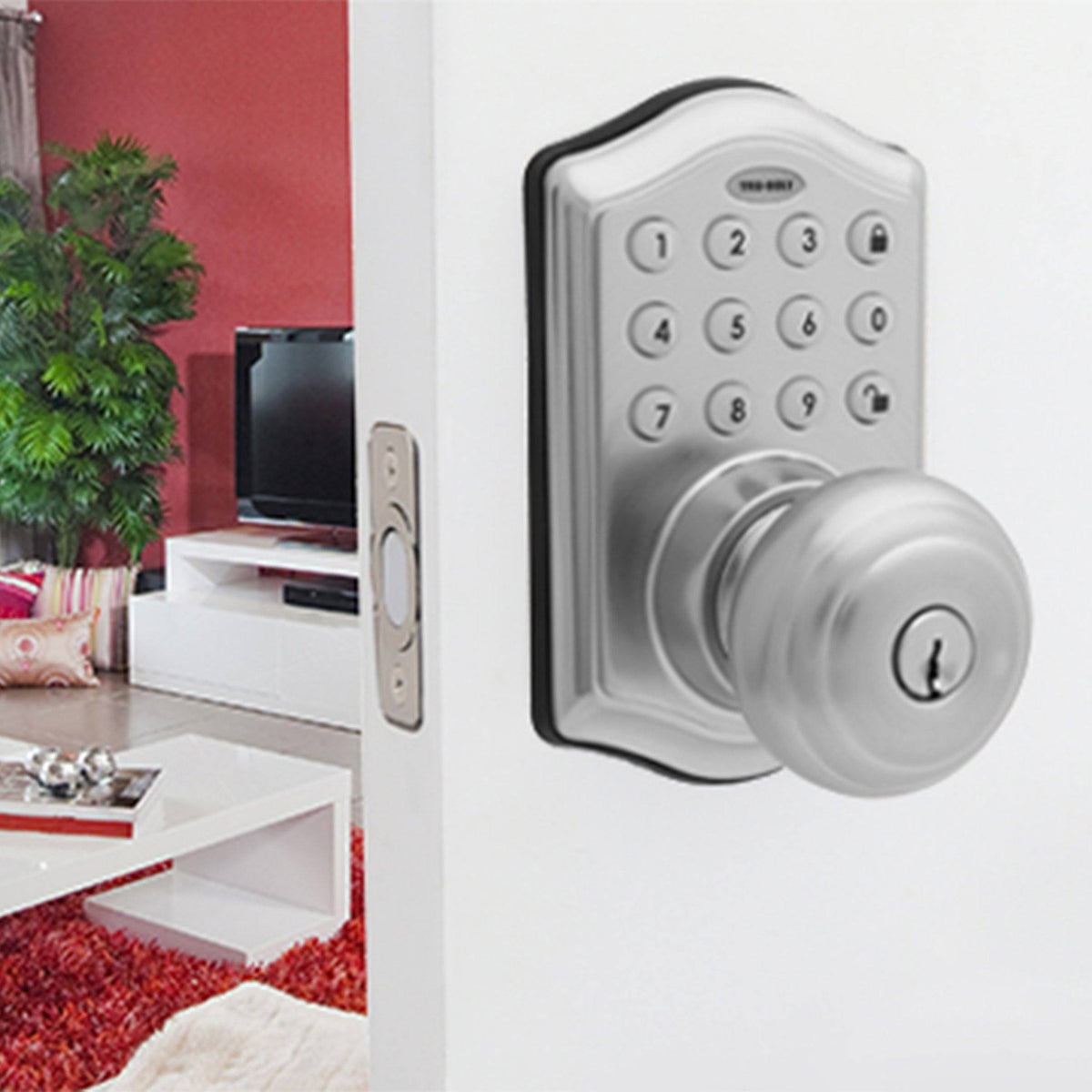 Honeywell 8732301L Electronic Entry Knob Door Lock with Keypad in Satin Nickel Installed On Door