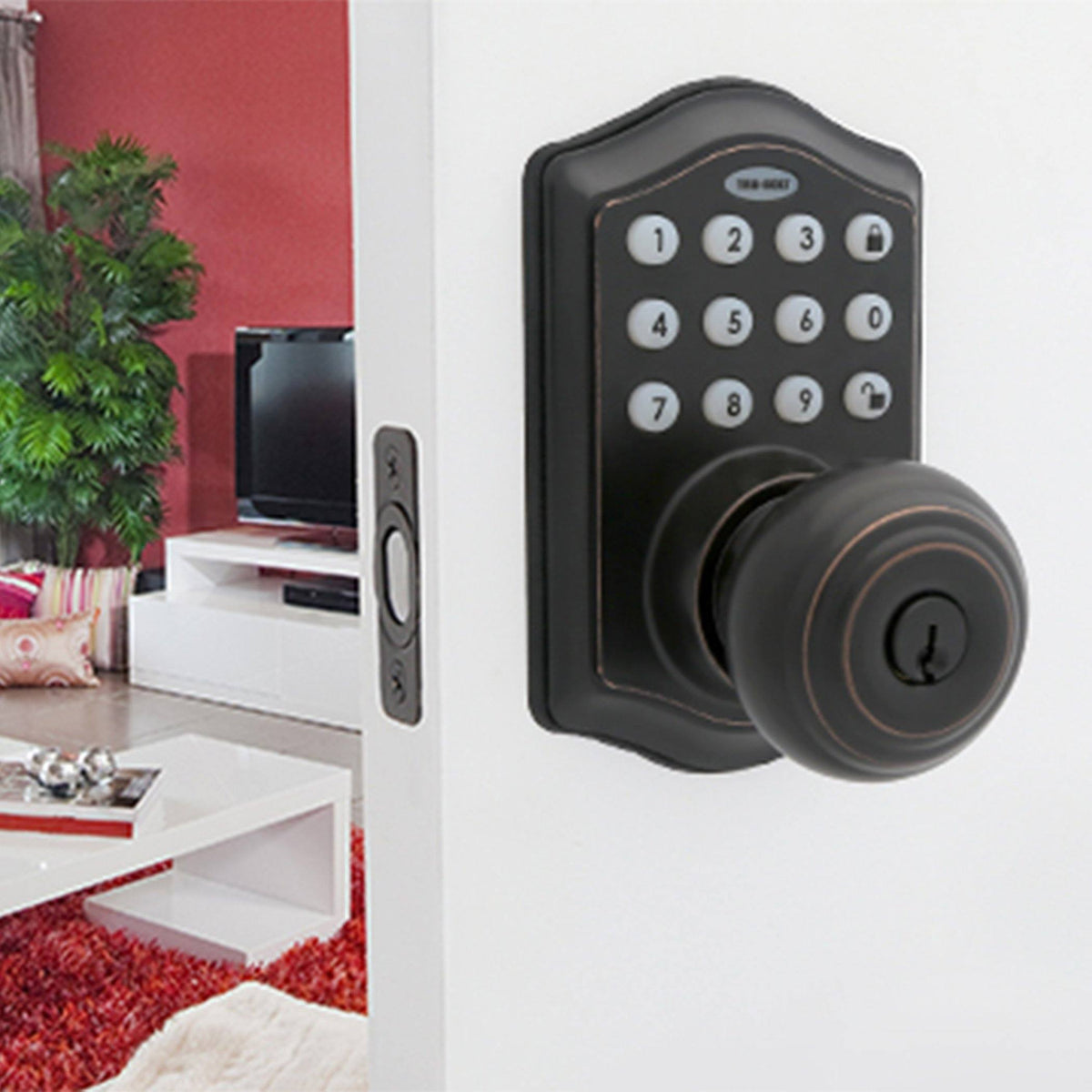 Honeywell 8732401 Electronic Entry Knob Door Lock with Keypad Oil Rubbed Bronze Installed On Door