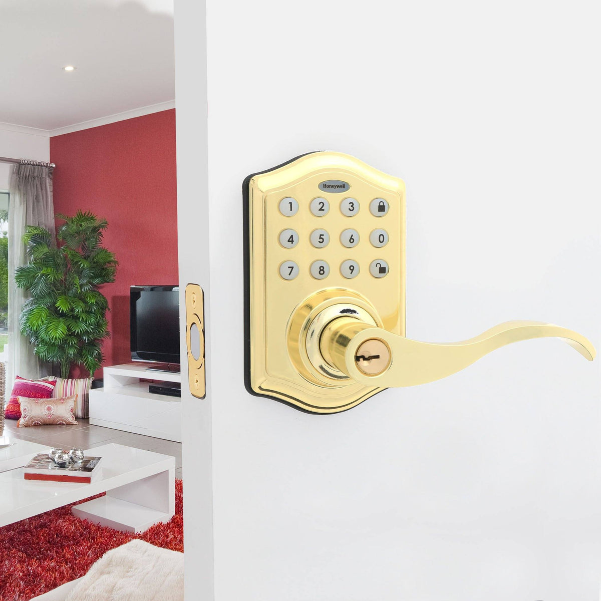 Honeywell 8734001 Electronic Entry Lever Door Lock with Keypad Polished Brass Finish Installed on Door
