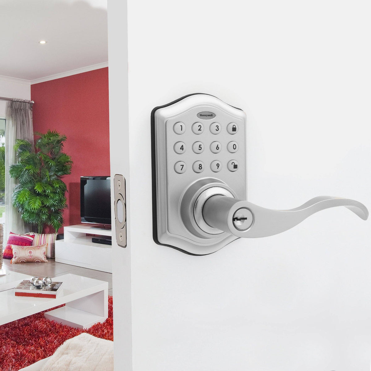Honeywell 8734301 Electronic Entry Lever Door Lock with Keypad in Satin Nickel