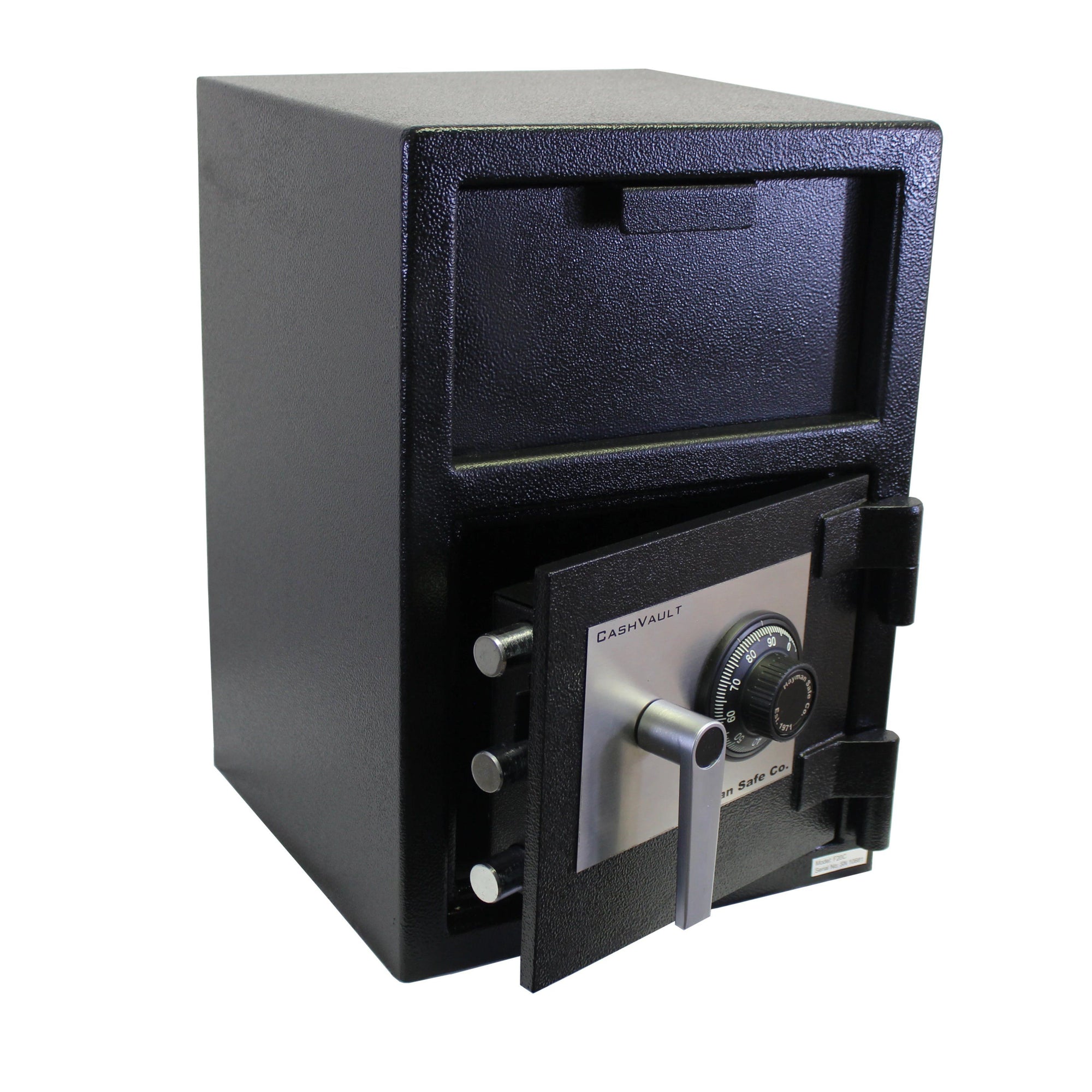 A black Hayman Safe CV-F20-C Front Loading Depository Safe with a combination dial and a metallic handle, labeled "cashvault" on an isolated white background.