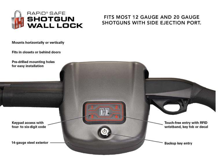Hornady 98180 Rapid RFID Safe Shotgun Wall Lock Features Showing It fits most 12 and 20 gauge shotguns