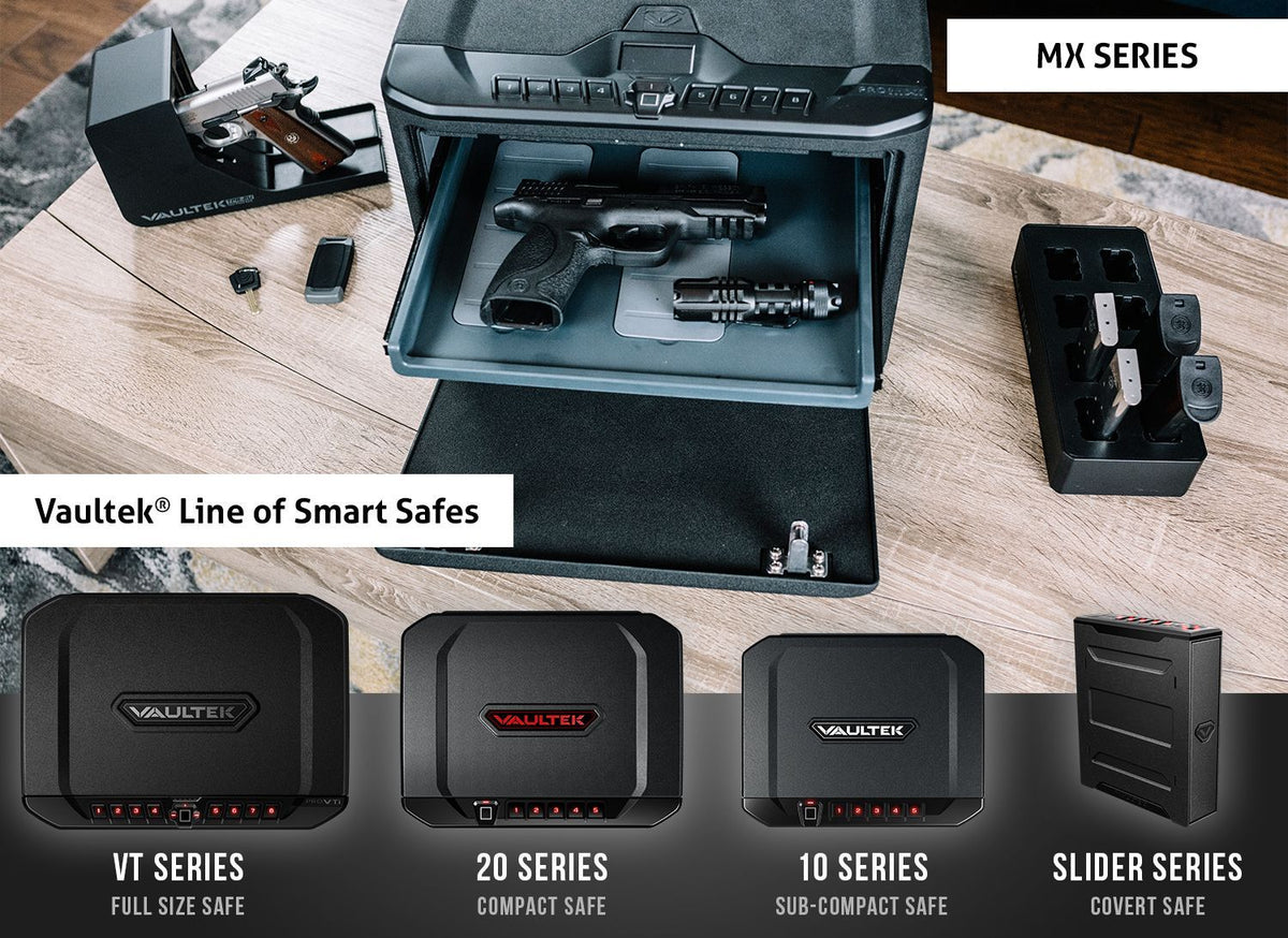 Vaultek MXI Large Capacity Rugged Bluetooth Smart Safe Showing Lineup of Other Safes
