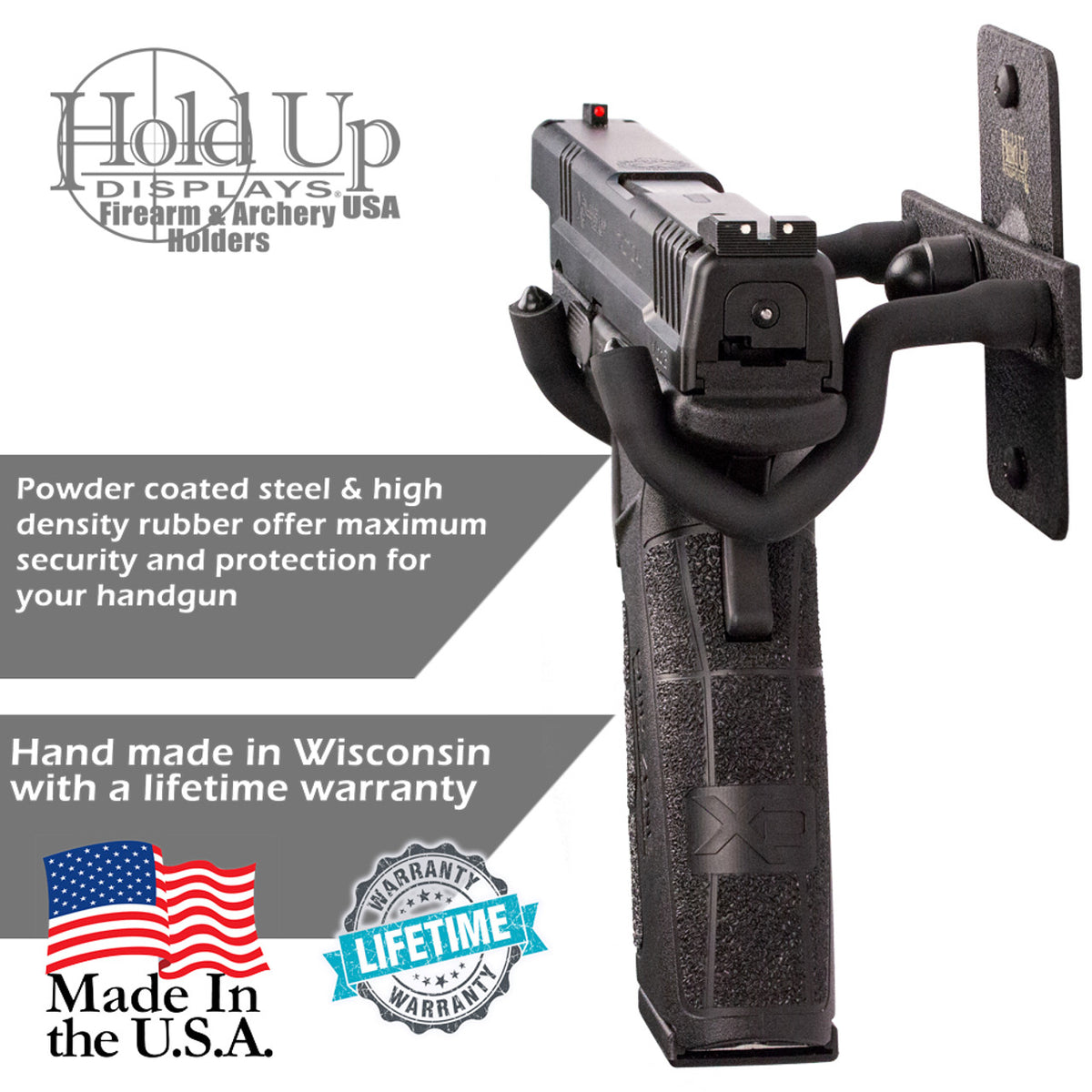 Hold Up Displays Wall Mount Pistol Holder HD09 Side View with Handgun