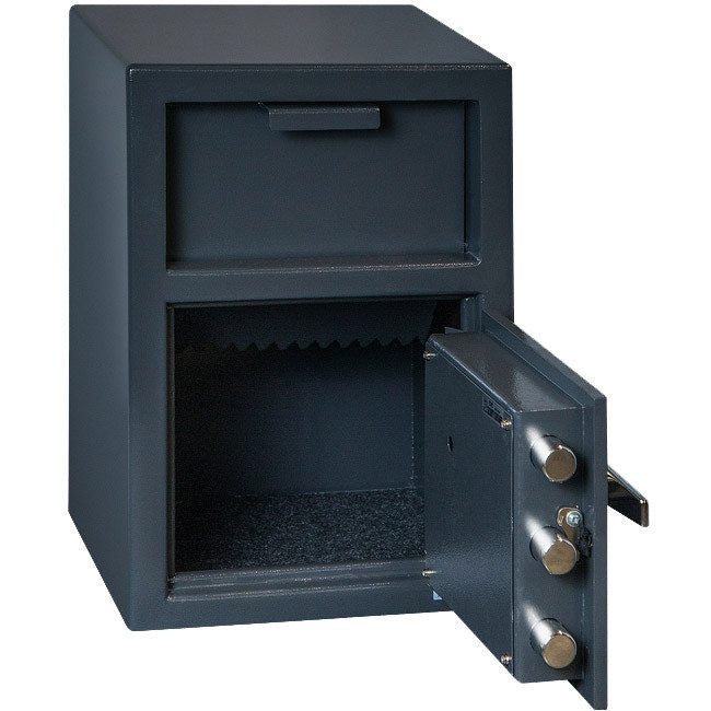 Hollon FD-2014C with the main door open, showing the anti-fish baffle inside the deposit slot and three chrome locking bolts