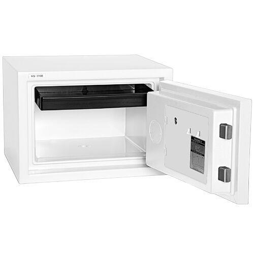 Hollon HS-310 fireproof home safe in white with door open showing empty white interior, top document shelf, and two chrome locking bolts on door edge