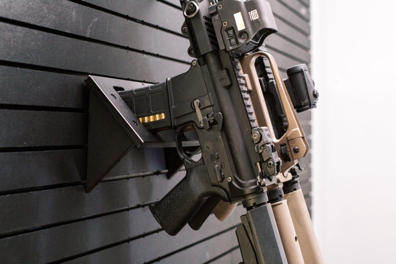 Tactical Walls MWMRH ModWall Multi Rifle Hangers With Rifles Side View Closeup
