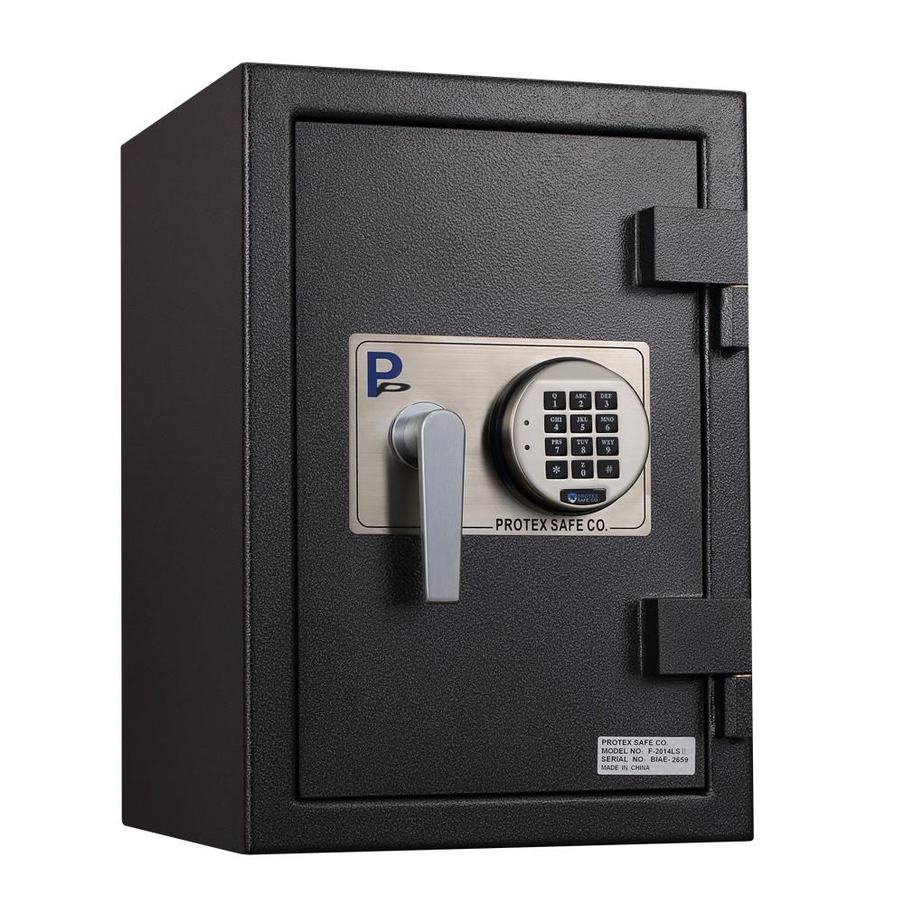 A black Protex FD-2014LS II Through The Wall Drop Safe with a silver handle and electronic lock, branded by Protex Safe Co., mounted on a white background.