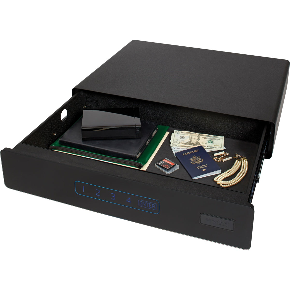 SnapSafe 75402 Under Bed Safe Medium Open with Passports and Jewelry
