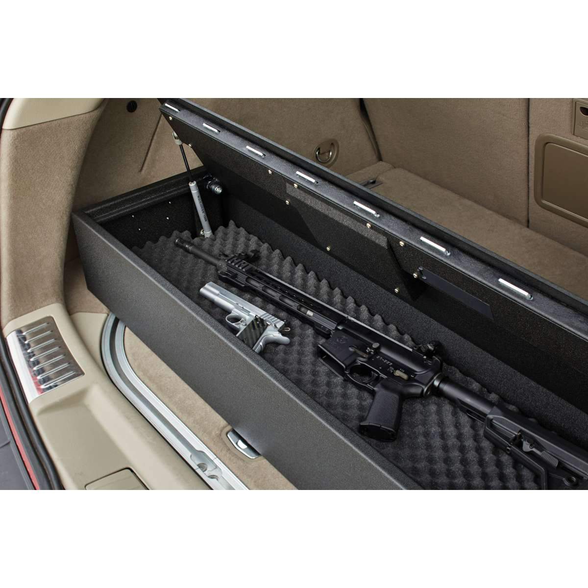 SnapSafe 75406 Trunk Safe II in back of vehicle with rifle and handgun